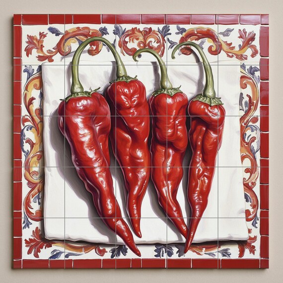 Mural de azulejos de cerámica rústica con chiles rojos, arte mural de peperon… — vista 3