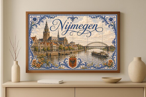 Mural de azulejos de cerámica del río Waal en Nijmegen, histórico puente hola… — vista 3