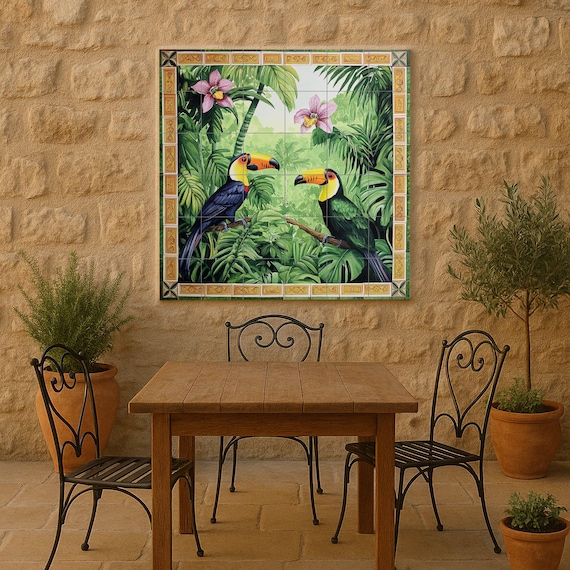 Mural de pared de cerámica con diseño de jungla tropical de tucán con orquíde… — vista 4
