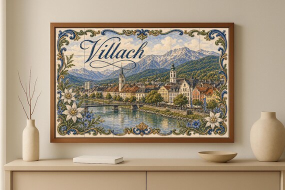 Mural de azulejos de cerámica de Villach Alpine Riverside Austria, río Drau y… — vista 2