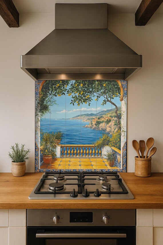 Mural de pared de cerámica de limonero mediterráneo con vista al mar desde un… — vista 4