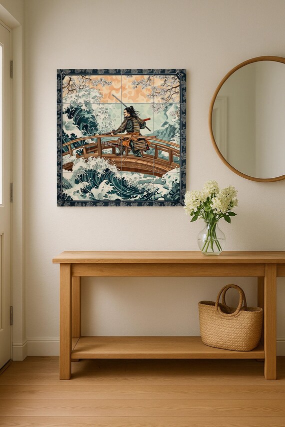 Mural de pared de cerámica de guerrero samurái con ondas japonesas y flores d… — vista 2