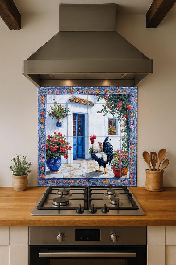 Mural de azulejos de cerámica con diseño de gallo mediterráneo, patio rústico…