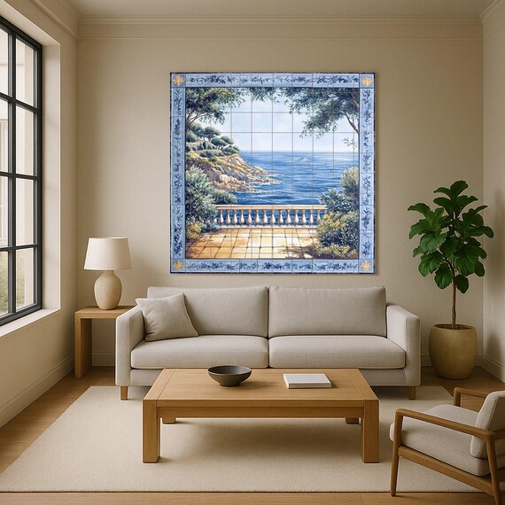 Mural de pared de cerámica con vista al mar mediterráneo y borde floral azul,… — vista 4