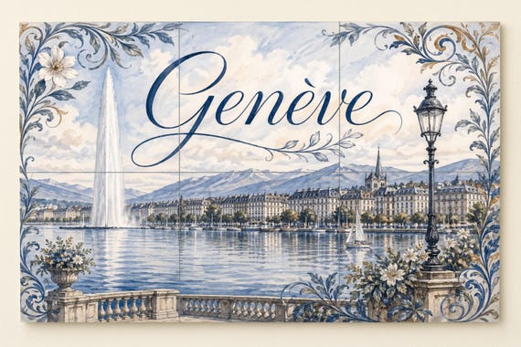 Mural de azulejos de cerámica de Ginebra, Suiza, arte mural del lago Lemán, d… — Mural cerámico de Cerámicas La Noria