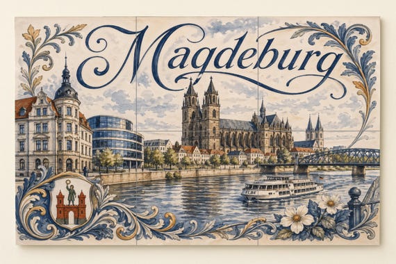 Mural de azulejos de cerámica de Magdeburgo, arte mural de paisaje urbano del… — Mural cerámico de Cerámicas La Noria