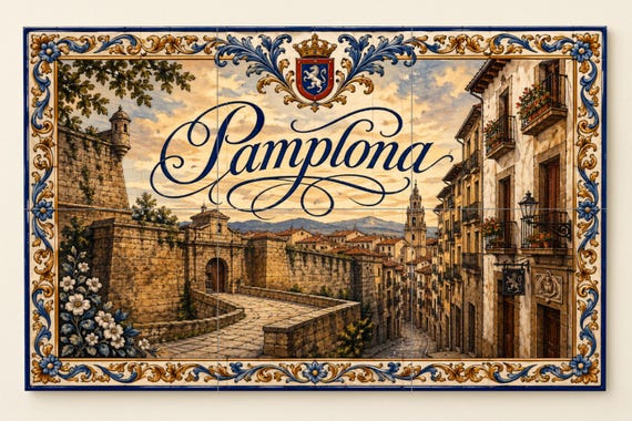 Mural de azulejos de cerámica medieval de Pamplona, decoración de pared histó…