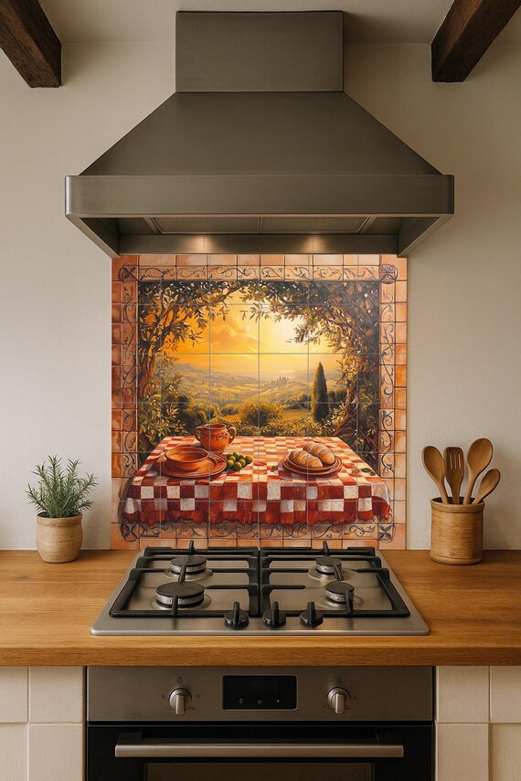 Mural de azulejos de cerámica de viñedos de Chianti con ondulantes colinas to… — vista 2