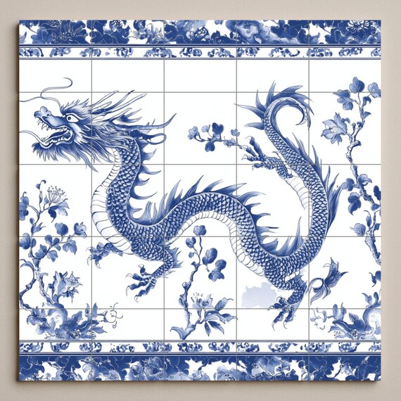 Mural cerámico de dragón azul chino — vista 3