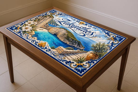 Mural de azulejos de cerámica de Zakynthos, Grecia, arte mural de la playa de…