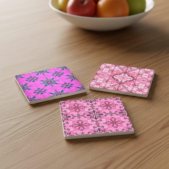 Vintage de azulejos rosas — Posavasos de cerámica y corcho de Cerámicas La Noria