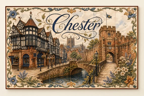 Mural de azulejos de cerámica de Chester, arte mural de la Inglaterra medieva… — Mural cerámico de Cerámicas La Noria