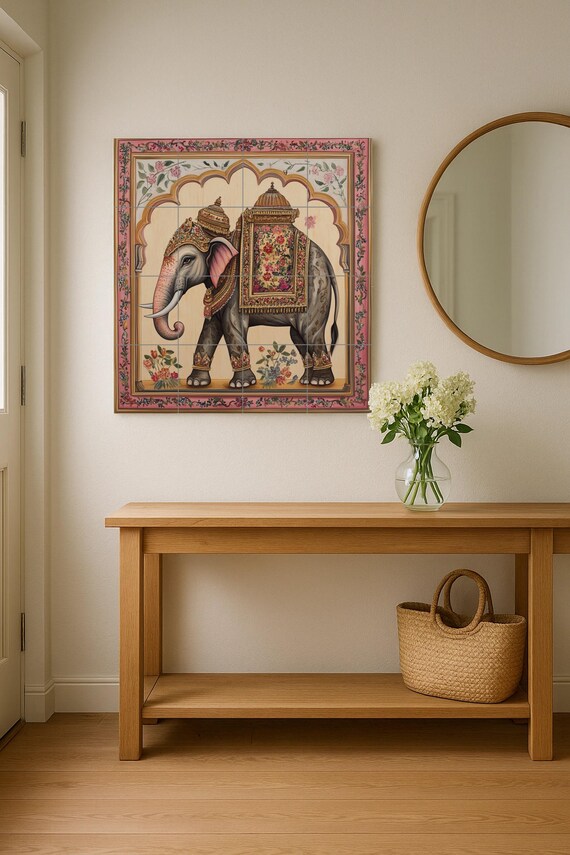 Mural de pared de cerámica de elefante indio con silla de montar ornamentada … — vista 2