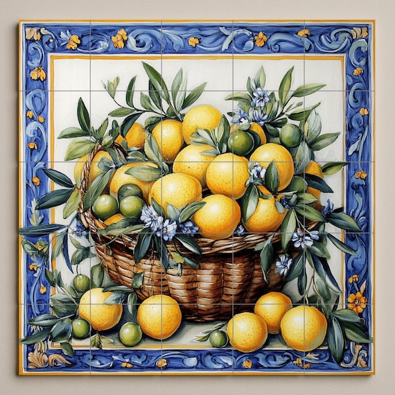 Mural cerámico con cesta de limones y naranjas — vista 2