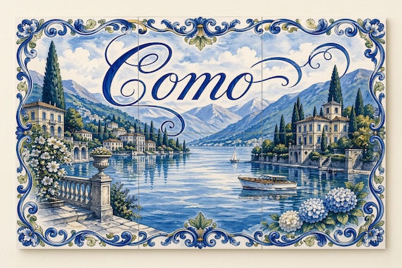 Mural de azulejos de cerámica del lago Como, Italia, arte mural a orillas del… — vista 4