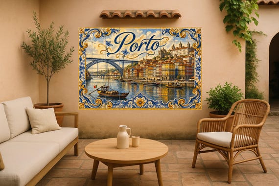 Mural de azulejos cerámicos de Porto Portugal, decoración de la pared del río…