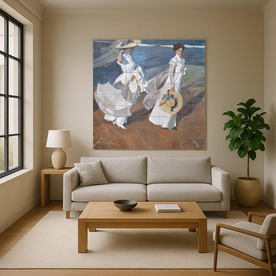Mural de azulejos de cerámica "Paseo por la orilla del mar" - Pintura impresi… — Mural cerámico de Cerámicas La Noria