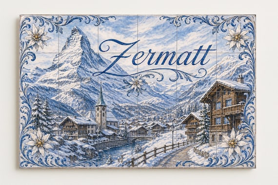 Mural de azulejos de cerámica de Zermatt, Suiza, arte mural alpino del Matter… — vista 4