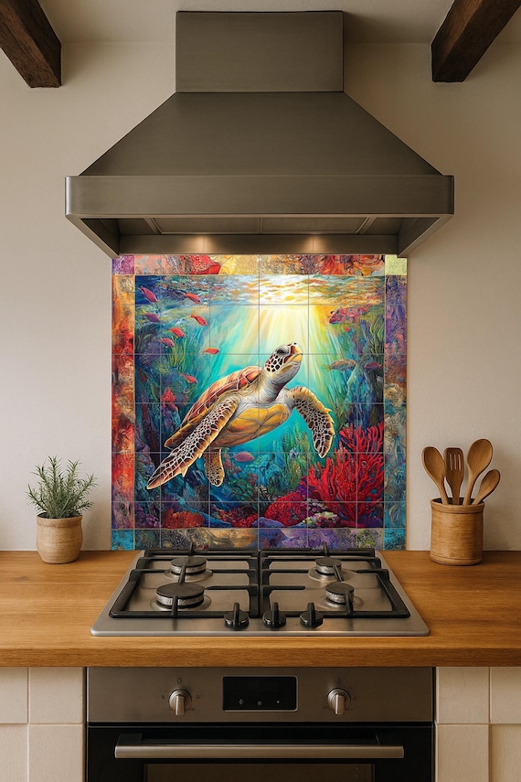 Mural de azulejos de cerámica con diseño de tortuga marina — vista 2