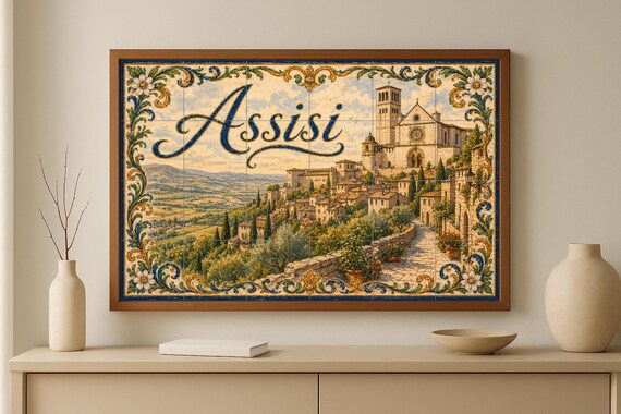 Mural de azulejos de cerámica de Asís, Italia, arte mural campestre italiano,… — vista 3