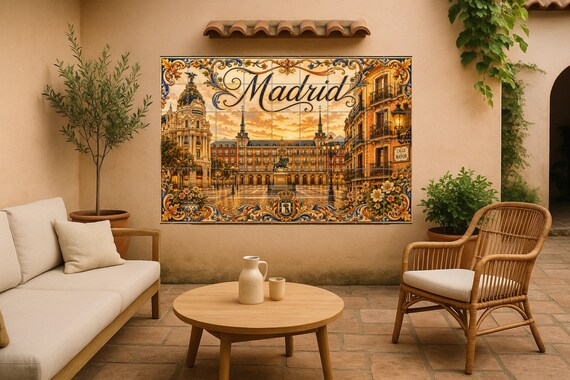 Mural de azulejos de cerámica de la Plaza Mayor de Madrid, decoración románti… — vista 3