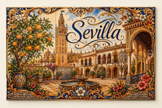 Mural de azulejos cerámicos de La Giralda de Sevilla, decoración de pared and…
