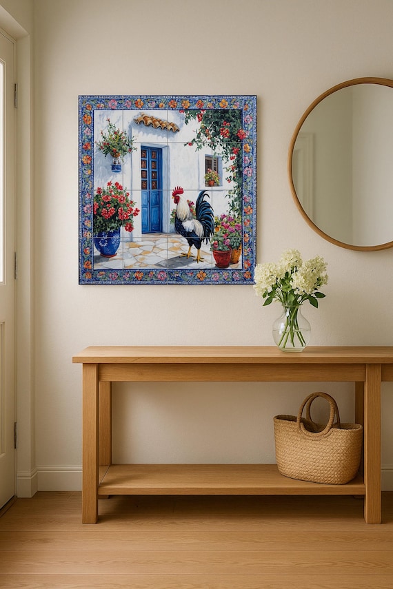 Mural de azulejos de cerámica con diseño de gallo mediterráneo, patio rústico… — vista 2