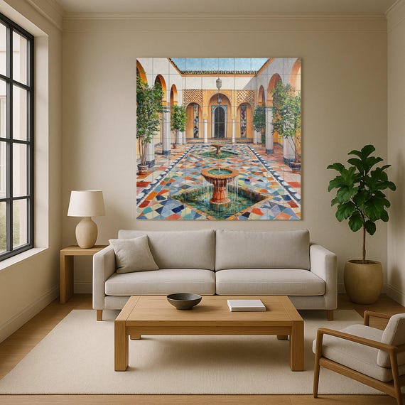 Mural cerámico de un riad marroquí con fuente en el patio