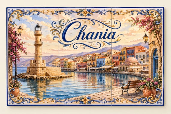 Mural de azulejos de cerámica de Chania, arte mural del faro del puerto grieg…