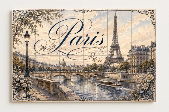 Mural de azulejos de cerámica de la Torre Eiffel de París, decoración románti… — vista 4