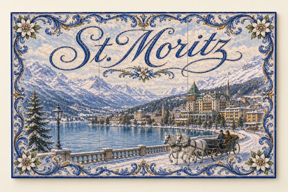 Mural de azulejos de cerámica de St. Moritz, arte mural de invierno de los Al… — Mural cerámico de Cerámicas La Noria