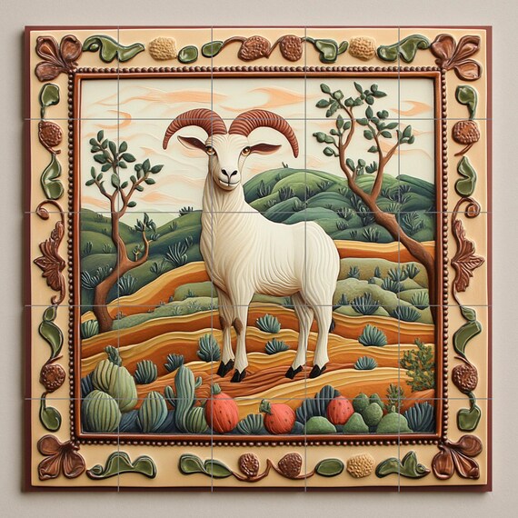 Mural de azulejos de cerámica de cabra rústica — vista 3