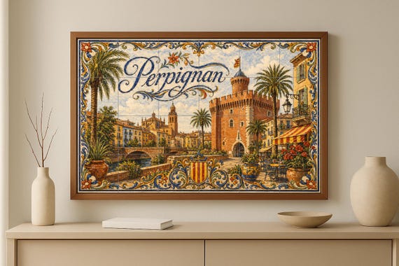 Mural de azulejos de cerámica de Perpiñán, arte mural mediterráneo francés co…