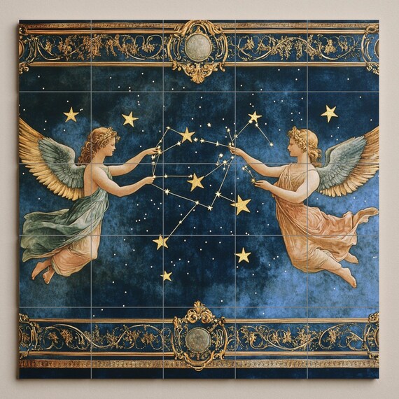 Mural de azulejos cerámicos renacentistas celestiales con constelaciones del … — vista 3
