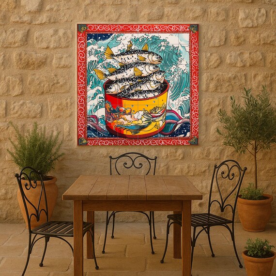 Mural de azulejos de cerámica con peces estilizados en maceta roja, olas romp… — vista 4