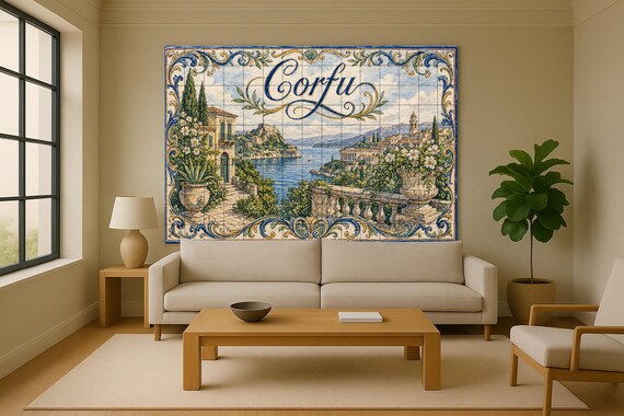 Mural de azulejos de cerámica de Corfú, Grecia, arte mural mediterráneo junto… — vista 2