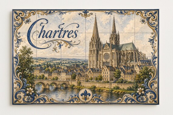 Mural de azulejos de cerámica de Chartres, arte mural de la catedral gótica f… — vista 4
