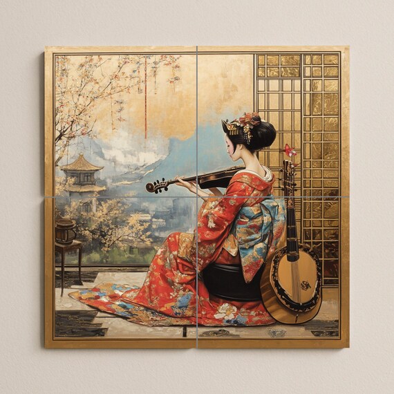 Mural de pared de cerámica de geisha con kimono rojo y violín, arte de azulej… — vista 2