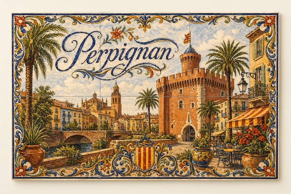 Mural de azulejos de cerámica de Perpiñán, arte mural mediterráneo francés co… — vista 4