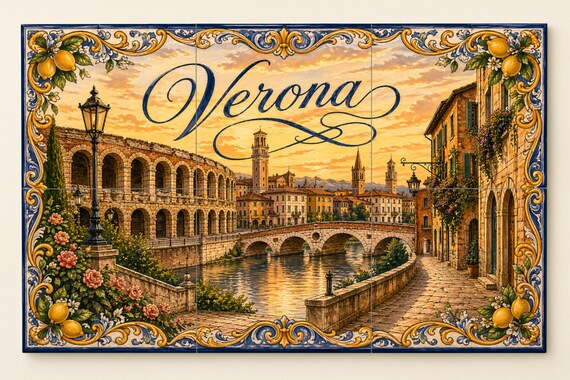Mural de azulejos de cerámica de la Arena Romana de Verona, decoración románt… — vista 3