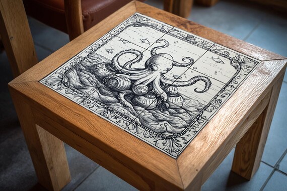 Mural de azulejos cerámicos con forma de pulpo náutico y barriles vintage, es… — vista 4