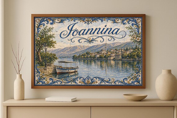 Mural de azulejos de cerámica de Ioannina, Grecia, arte mural junto al lago d… — vista 3