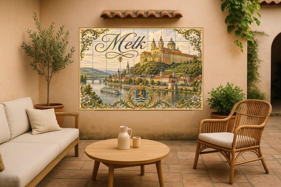Mural de azulejos de cerámica de Melk, Austria, río Danubio y arte mural barr…