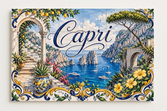 Mural de azulejos de cerámica de Capri, Italia, arte mural de la costa de Ama… — vista 3