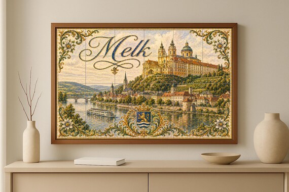 Mural de azulejos de cerámica de Melk, Austria, río Danubio y arte mural barr… — vista 2