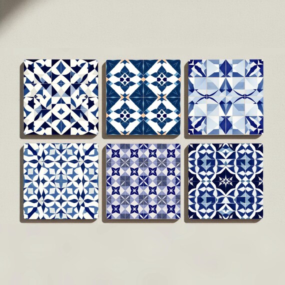 Geométricos de cerámica azul - Azulejo mediterráneo marroquí, juego de — vista 3