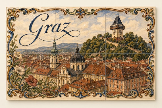 Mural de azulejos de cerámica de la torre del reloj de Schlossberg en Graz, A… — vista 4