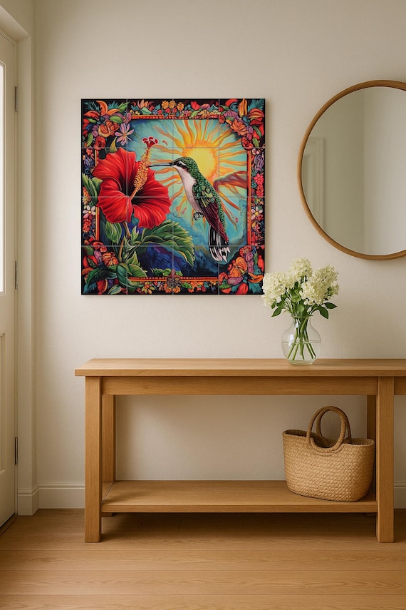 Mural de pared de cerámica de colibrí caribeño con flor de hibisco, sol radia… — vista 2