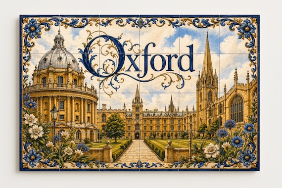 Mural de azulejos de cerámica de Oxford, Inglaterra, arte mural universitario… — vista 4