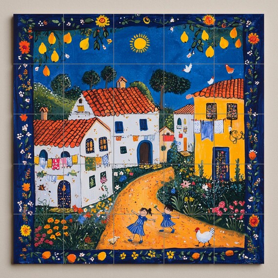 Mural de cerámica de arte naif portugués con casas con techo de terracota, un… — vista 3
